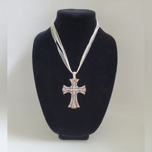 Necklace, Rhinestone silver tone cross with ribbon and cord